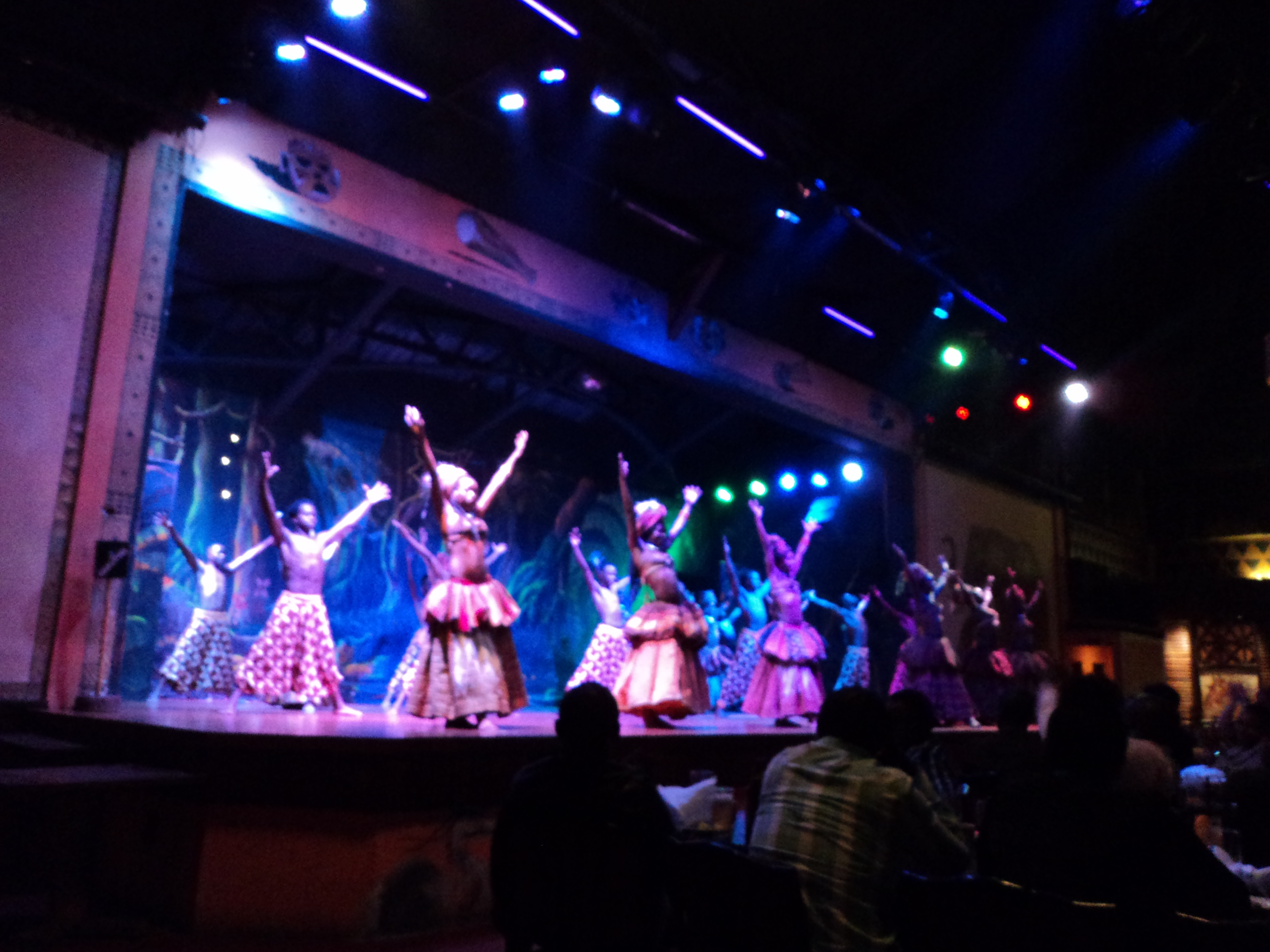 Guests enjoying a cultural dinner and live Safari Cat dance show at the Carnivore Restaurant in Nairobi.