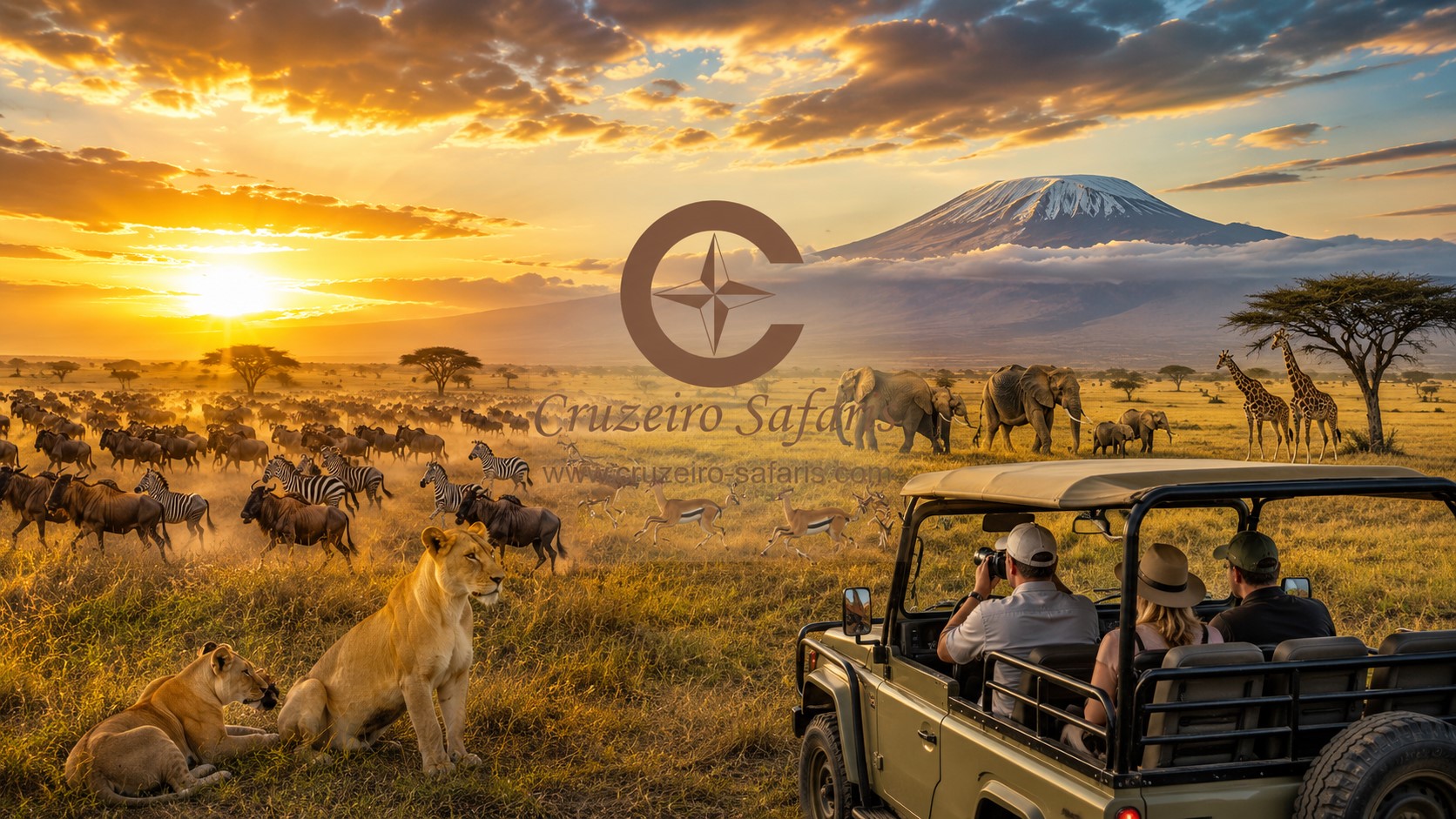 Luxury Kenya safari during the Great Migration featuring wildebeest, zebras, lions, elephants, giraffes, Mount Kilimanjaro, and a safari vehicle at sunrise in the Maasai Mara by Cruzeiro Safaris