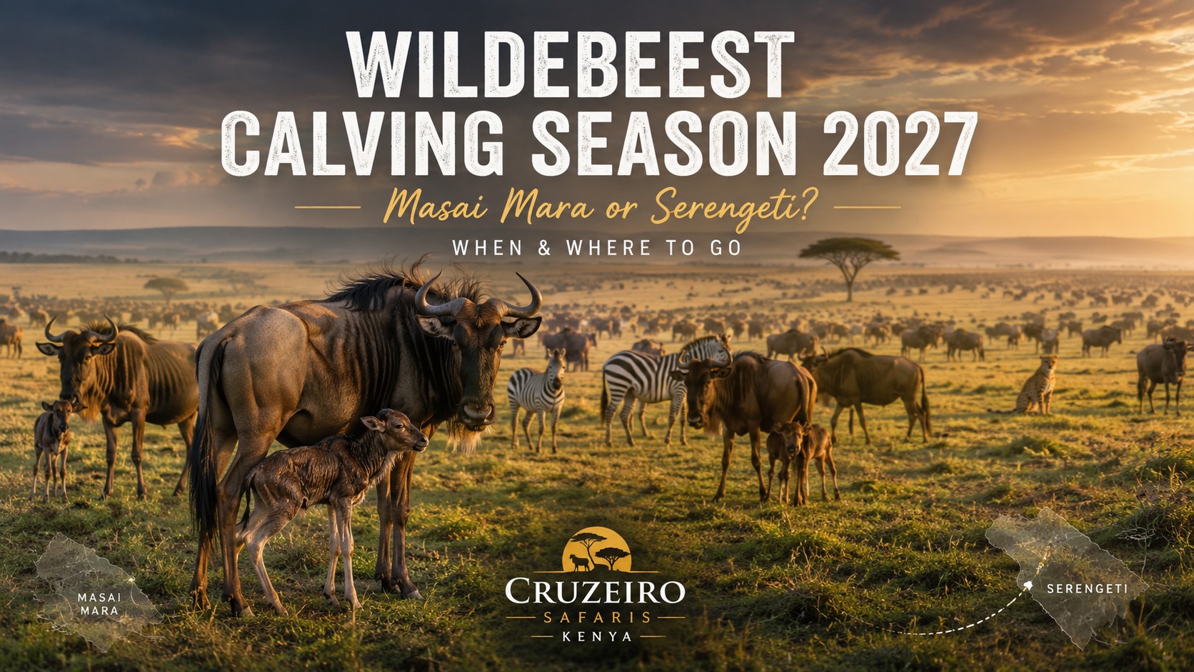Wildebeest calving season in the Southern Serengeti and Ndutu plains, showing a newborn wildebeest calf with its mother, migrating herds and zebras during the 2027 Great Migration.